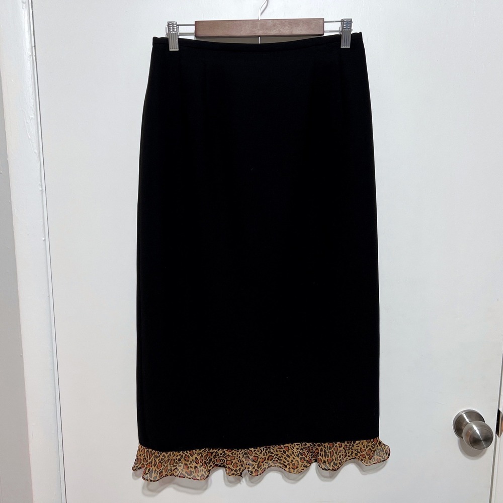 Plaza South Womens Pencil Skirt Size 10 Black Leopard Print Ruffle Trim Y2K